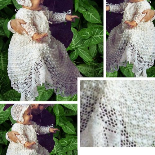 Vintage. offre spéciale.chic ensemble de baptêmes ( robe,bonnet)coton blanc  au crochet,pour bébé