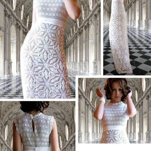 Modèle chic robe de mariage,dentelle coton blanc au crochet. schemas,diagrammes internationaux ,(sans explication écrite)
