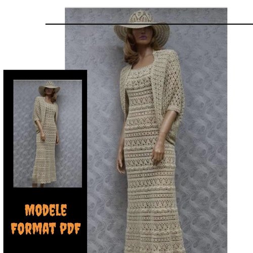 Modèle robe longue et pèlerin bolér, dentelles au crochet .schemas,diagrammes internationaux,explication design technique en format