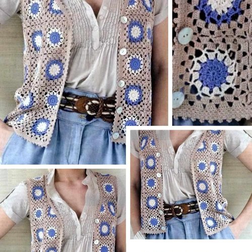 Modèle chic gilet sans manches style carré grand mère ,crochet, pour femme .patron tutoriels anglais en format pdf