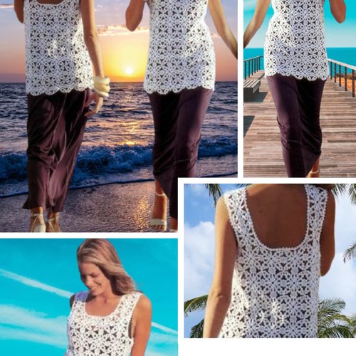 Modèle débardeur tunique ,dentelle au crochet coton blanc.patron avec tutoriel en français format pdf.