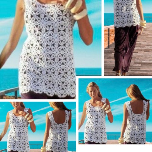 Modèle débardeur tunique ,dentelle au crochet coton blanc.patron avec tutoriel en français format pdf.