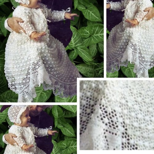 Vintage. offre spéciale.chic ensemble de baptêmes ( robe,bonnet)coton blanc  au crochet,pour bébé