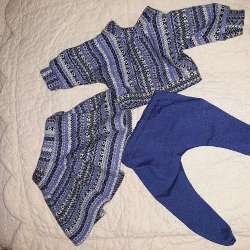 Vêtement de poupée 36 cm ensemble jersey tricot bleu jupe + pull + collant fait main 