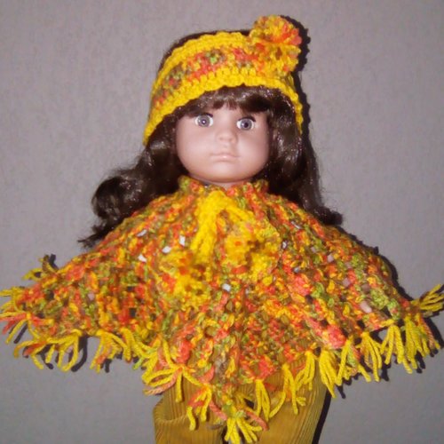 Vêtement de poupée 40 à 45 cm poncho et bandeau de tête en crochet orangé fait main