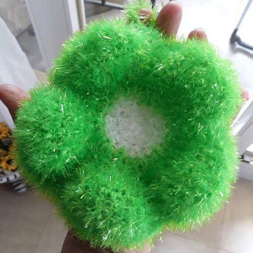 Tawashi éponge double vaisselle ou bain émoji ou fleur durable "vert fluo " au crochet fait main