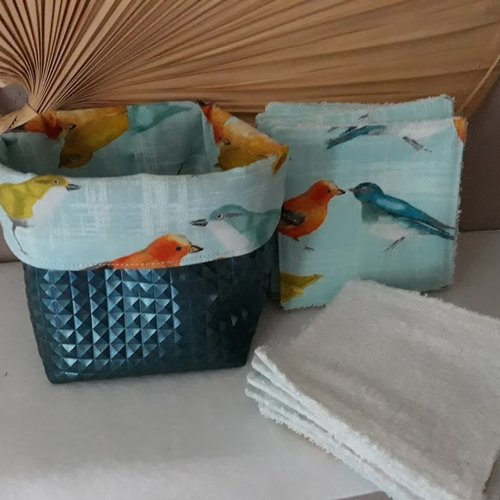 15 lingettes lavables "les canaris"  en éponge coton oeko-tex de 10x10 cm et sa paniére en skaï fait main