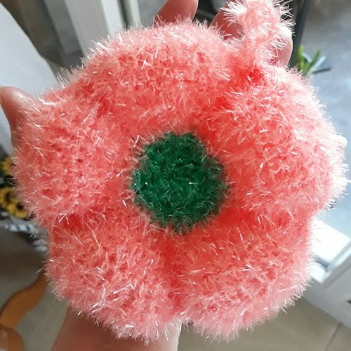 Tawashi fleur de douche ou fleur de vaisselle lavable et durable " rose saumon" au crochet fait main