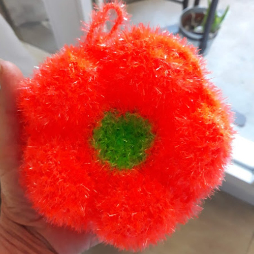 Tawashi fleur de douche ou fleur de vaisselle lavable et durable " orange fluo " au crochet fait main