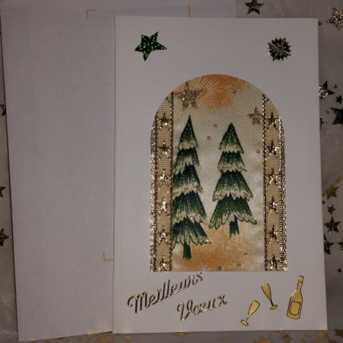 Carte de voeux carnet blanc "  sapin vert pailleté "  et enveloppe fait main