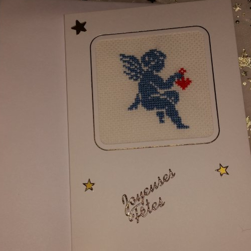Carte de fêtes carnet blanc  "  ange  bleu jean "  brodé point de croix et enveloppe fait main