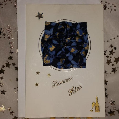 Carte de voeux carnet écru  "  origami tissu bleu et or  "   et enveloppe fait main