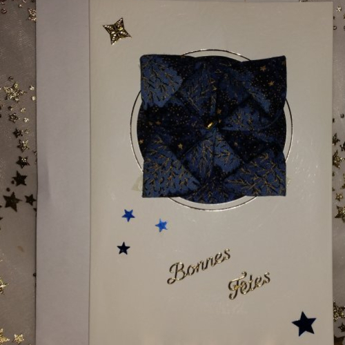 Carte de voeux carnet écru  "  origami tissu bleu et or  "  et enveloppe fait main