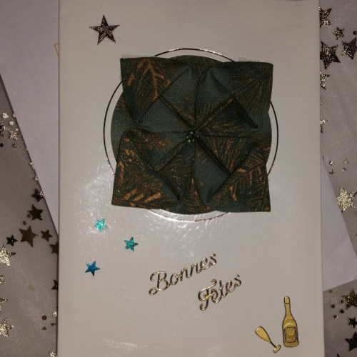 Carte de voeux carnet écru  "  origami tissu vert et or "   et enveloppe fait main