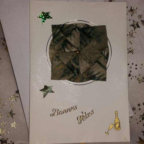 Carte de voeux carnet écru  "  origami tissu vert et or "  et enveloppe fait main