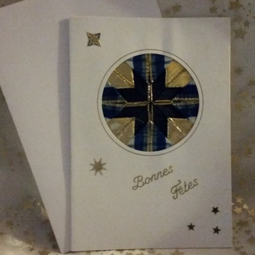 Carte de voeux carnet blanc  "  rosace bleu et or "  et enveloppe fait main