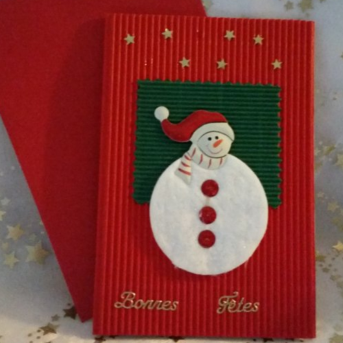 Carte de voeux carnet ondulé rouge "  bonhomme de neige  "  et enveloppe fait main