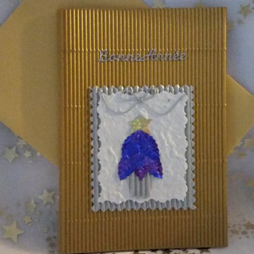 Carte de voeux carnet ondulé or "  sapin bleu "  et enveloppe fait main