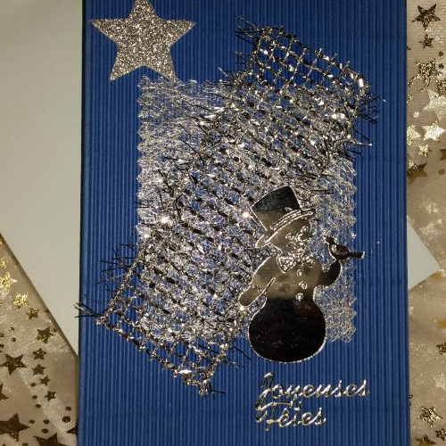Carte de voeux carnet ondulé bleu "  bonhomme de neige miroir "  et enveloppe fait main