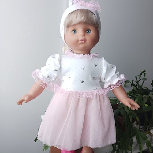 Vêtement  poupée de 50/55 cm robe tulle et bandeau jersey coton oeko-tex et tulle rose fait main