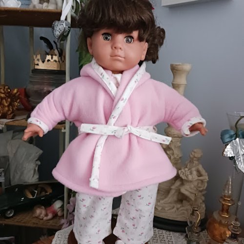 Vêtement de poupée 40 cm pyjama chaussons rose blanc et veste de nuit rose fait main