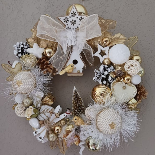 Couronne de l'avent, de noël, de fêtes " hiver doré " de 35/40 cm support en paille fait main