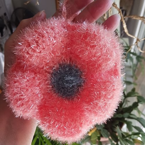 Tawashi fleur de douche ou de vaisselle lavable et durable "saumon/gris " au crochet fait main