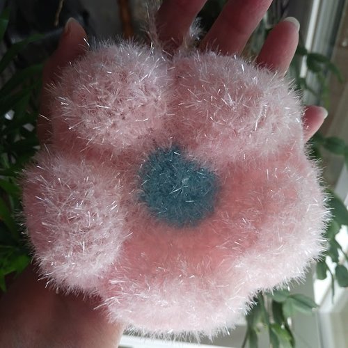 Tawashi fleur de douche ou de vaisselle lavable et durable "rose/bleu " au crochet fait main