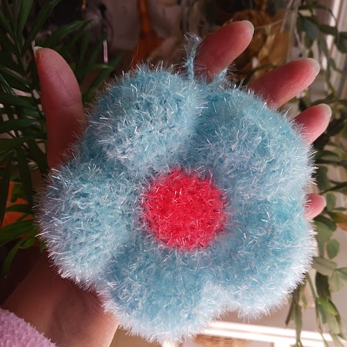 Tawashi fleur de douche ou de vaisselle lavable et durable "bleu/rose " au crochet fait main