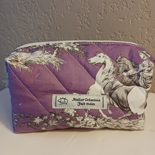 Trousse matelassé en coton violet " jouy" 17x10x7 doublé coton écru  fait main