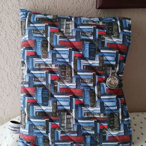 Protège livre "livres" en coton ouatiné matelassé bande diagonale et doublure coton cahier h 23 x l18fait main