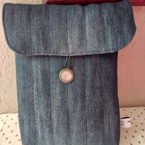 Protège livre a rabat " jeans recyclé " en coton  matelassé  et doublure popeline de coton livres h 24.5 x l19 fait m