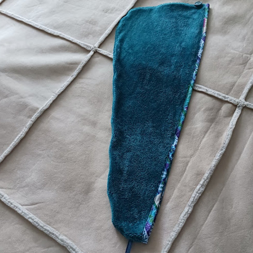 Serviette cheveux en bambou/microfibre bleu canard et biais coton oeko-tex fait main