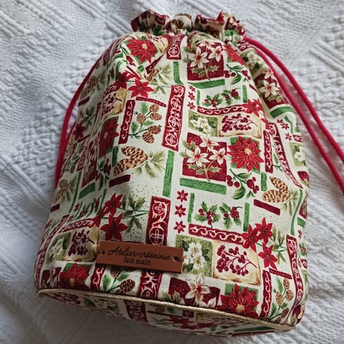 Sac à projets sceau/pochon "noël" pour tricot, crochet, couture, broderie fait main