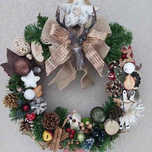 Couronne de l'avent, de noël, de fêtes " nature et forêt " de 35/40 cm support en paille fait main