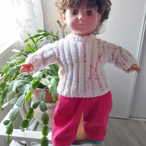 Vêtement de poupée de 40 cm ensemble pantalon velours et pull tricoté main fait main