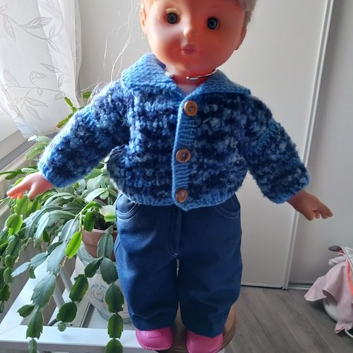 Vêtement de poupée 45/50 cm ensemble jeans moon et gilet bouclette tricoté main fait main