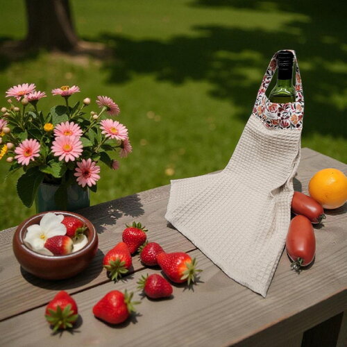 Torchon main coton fleuri et nid d’abeille