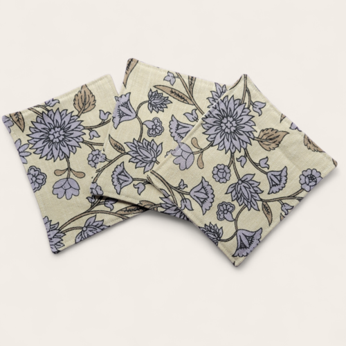 3 lavettes réutilisables en lin fleuri lilas et nid d’abeille blanc cassé