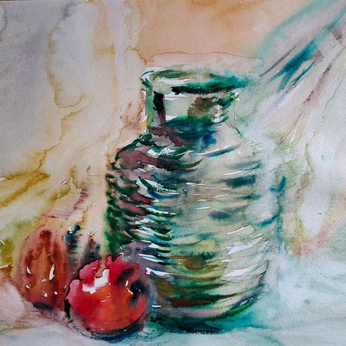 Aquarelle originale – vase en verre vert et fruits rouges – œuvre unique signée emese miskolczi – 30 x 48 cm