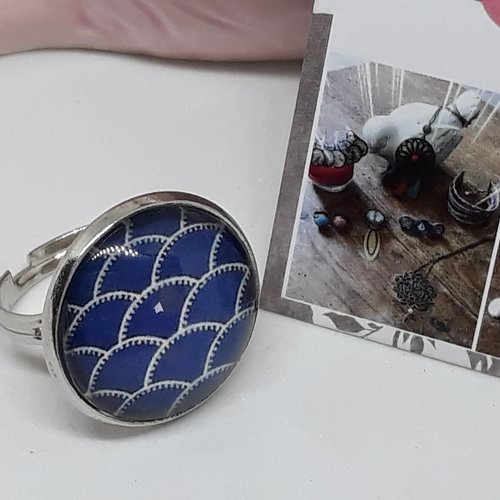 Bague cabochon vagues bleues - style japonais