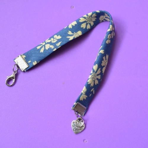 Bracelet tissu liberty bleu fermoir mousqueton argent 