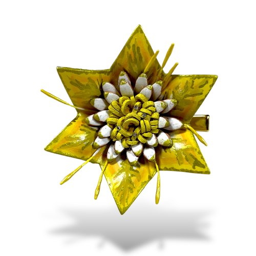 Pince à cheveux - fleur jaune or 100% cuir