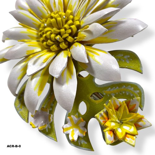 Barette cheveux - fleur jaune or 100% cuir