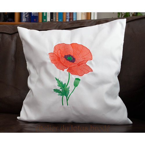 Housse de coussin brodée  coquelicot rouge 41*41