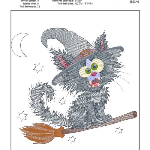 Fichier de broderie machine – chat sorcier malicieux sur son balai - collection bestiaire brodé.