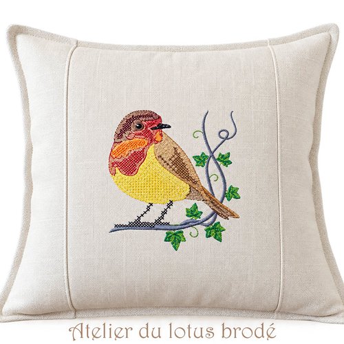 Housse de coussin brodée- oiseau coloré sur une branche de lierre-40*40cm