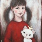 Peinture Mon Petit Chat Petite Fille Avec Couettes Chat Blanc Un Grand Marche