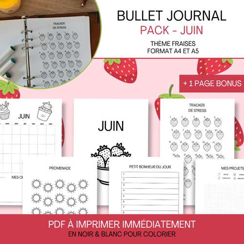 Pack bullet journal juin – thème fraises (pdf imprimable a4/a5)