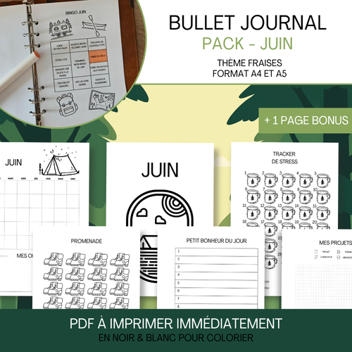 Pack bullet journal juin – thème camping sauvage (pdf imprimable a4/a5)